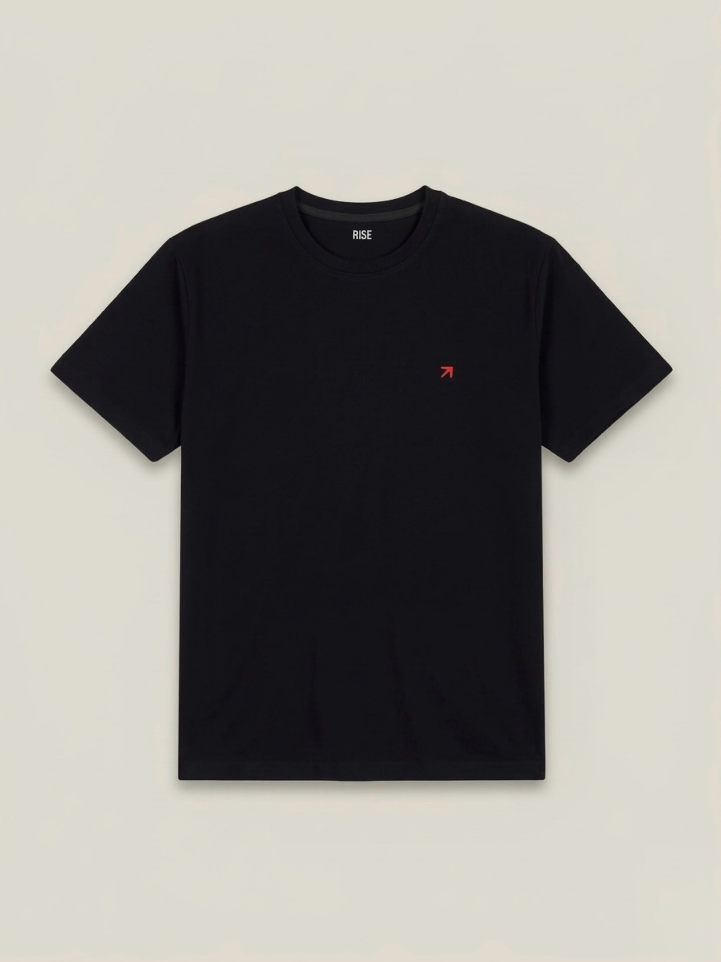 Black RISE Premium T-shirt laid flat showing round neckline and smooth fabric, perfect for casual wear and everyday style.