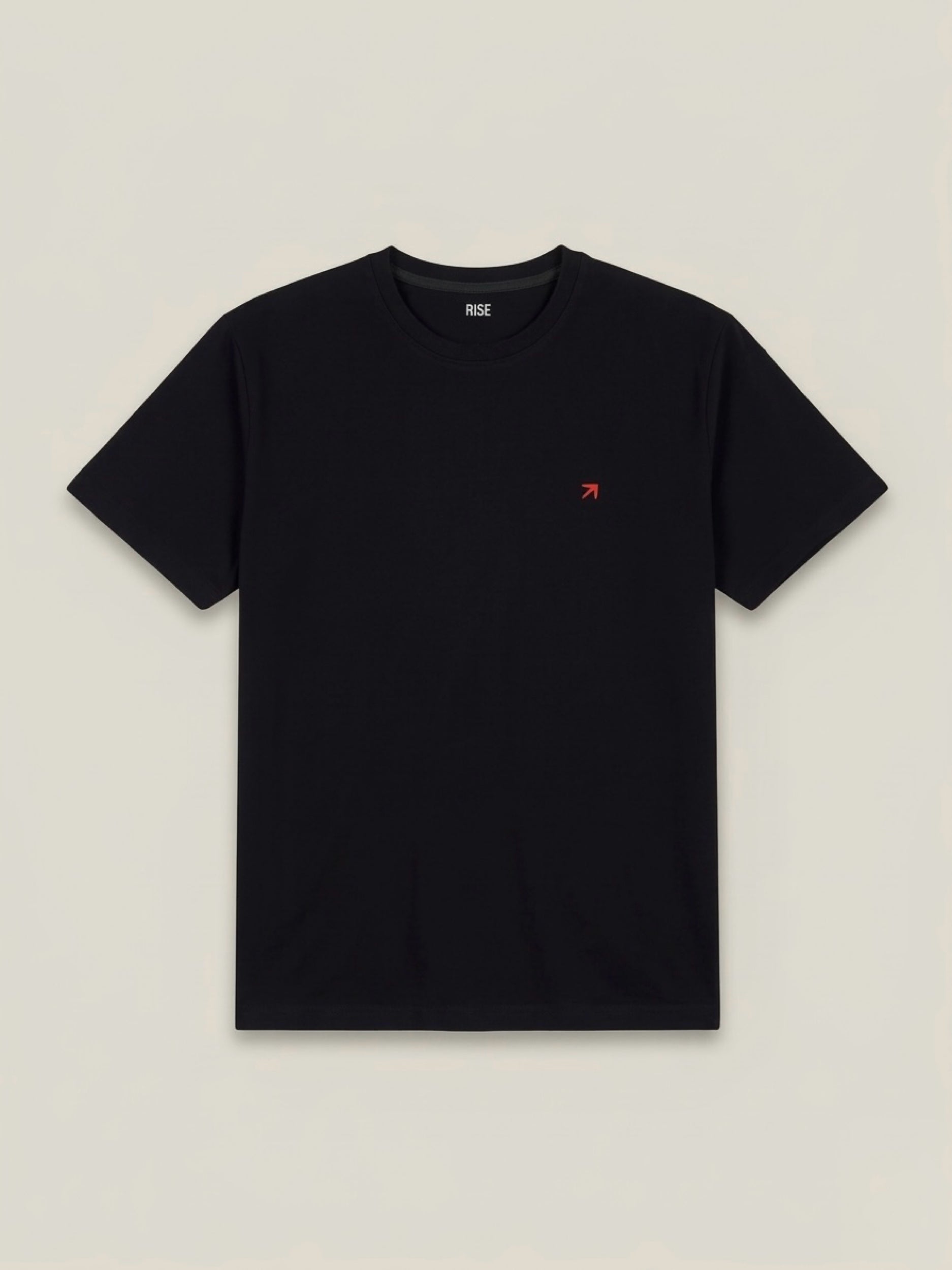 Black RISE Premium T-shirt laid flat showing round neckline and smooth fabric, perfect for casual wear and everyday style.