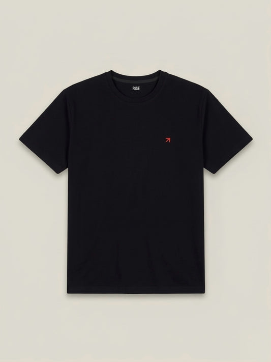 Black RISE Premium T-shirt laid flat showing round neckline and smooth fabric, perfect for casual wear and everyday style.