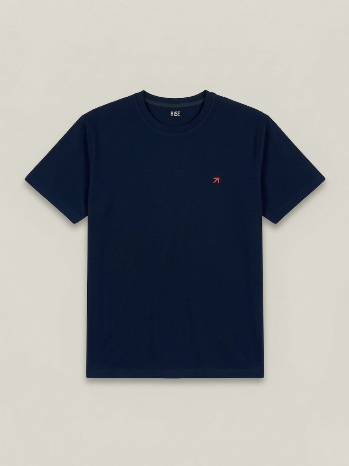 Flat lay of RISE Navy Premium T-shirt, soft cotton fabric, crew neck design, showcasing the casual and comfortable style.