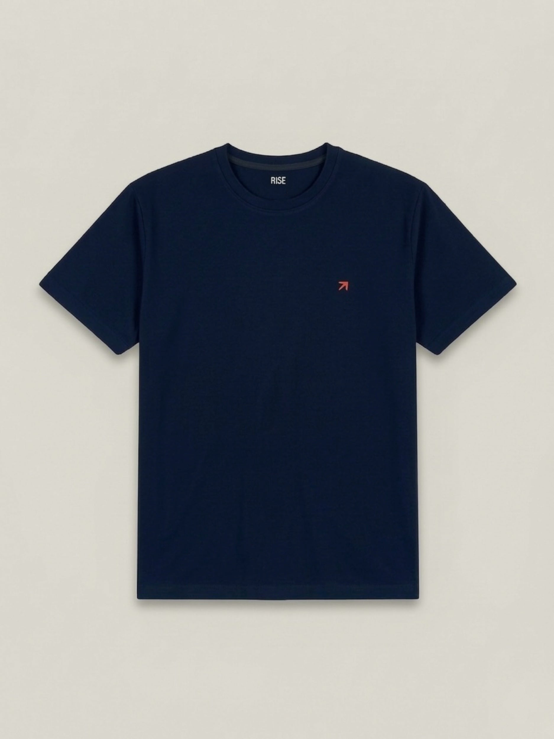 Flat lay of RISE Navy Premium T-shirt, soft cotton fabric, crew neck design, showcasing the casual and comfortable style.