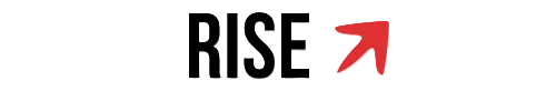 Logo with 'RISE' text and a red arrow on a white background