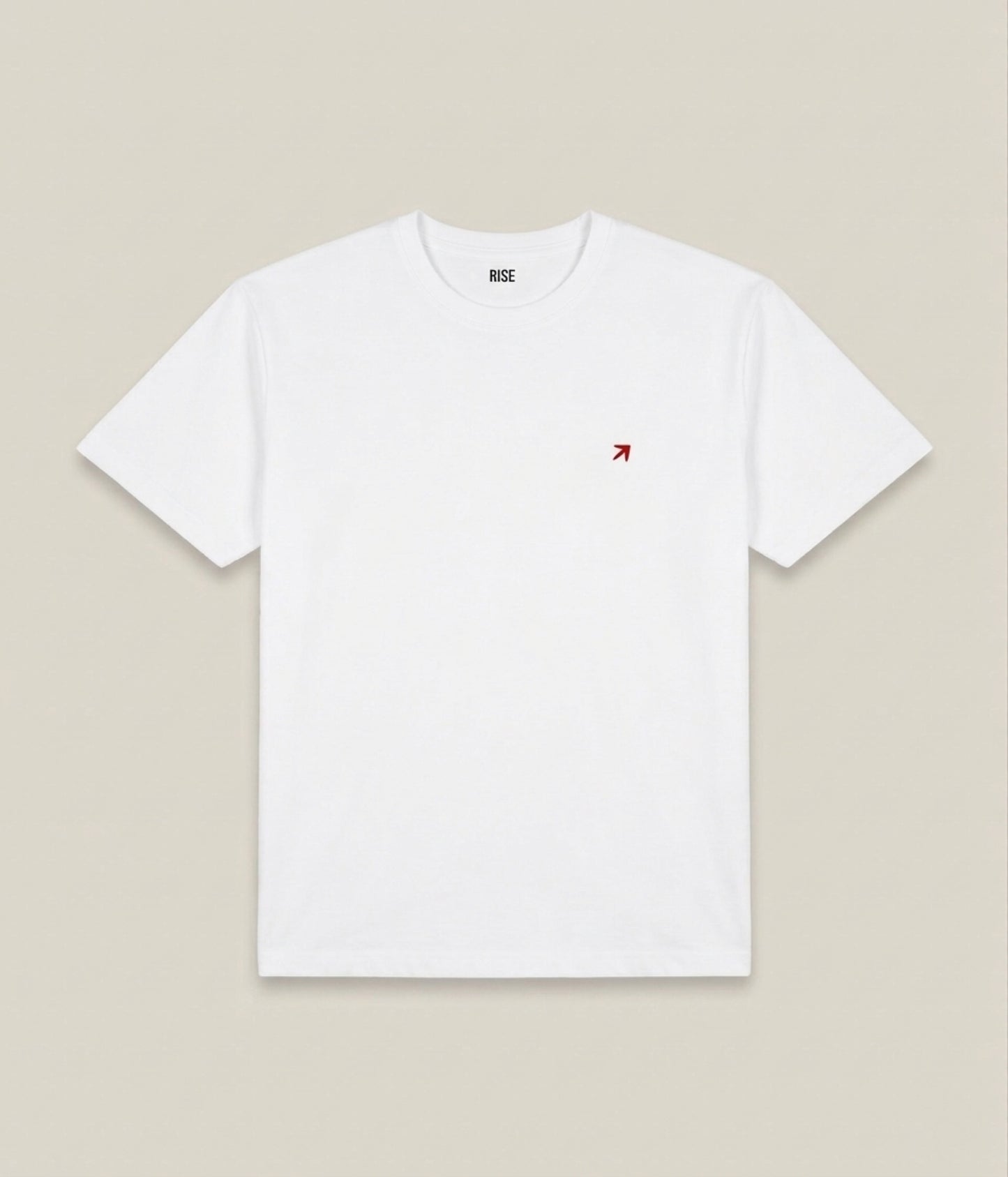 White RISE Premium T-shirt laid flat, showcasing a clean, soft cotton fabric and classic crew neckline.