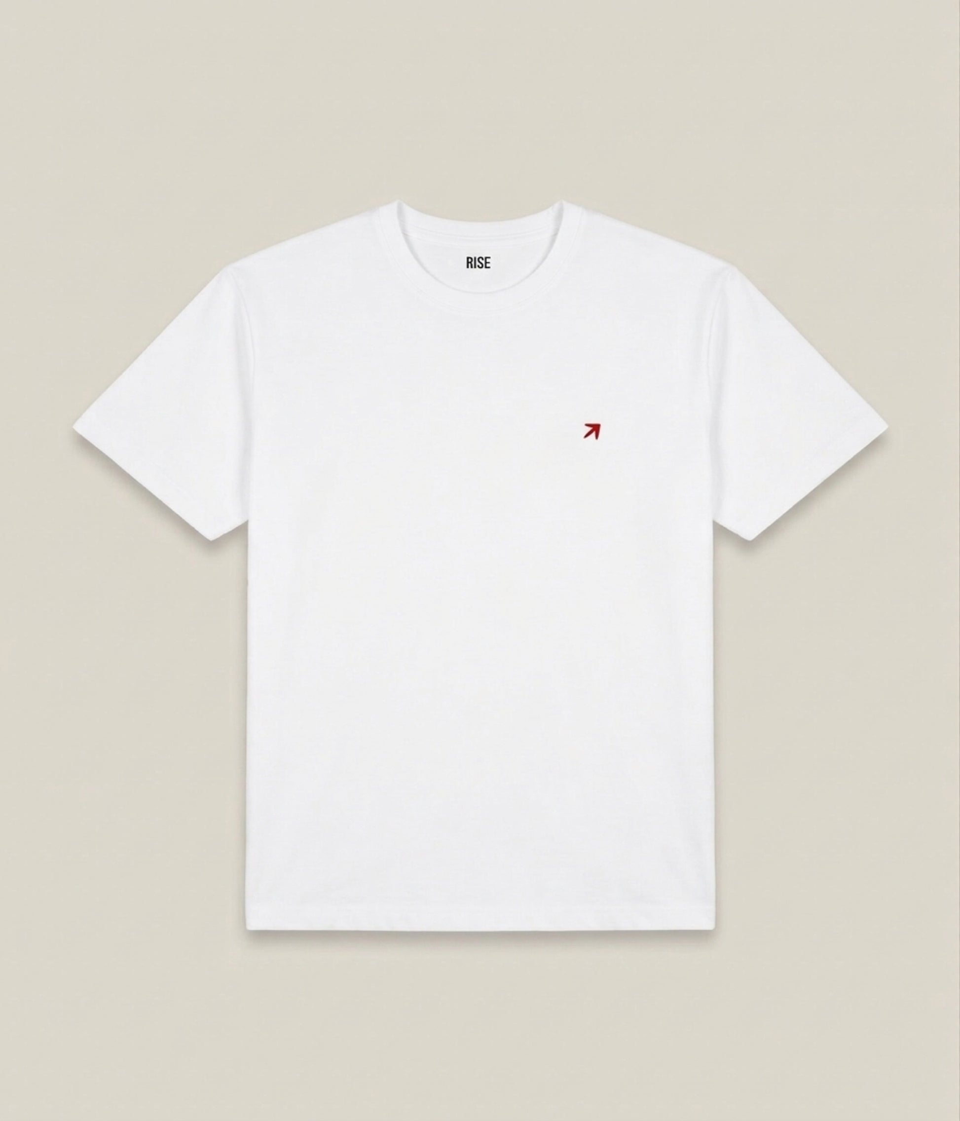 White RISE Premium T-shirt laid flat, showcasing a clean, soft cotton fabric and classic crew neckline.