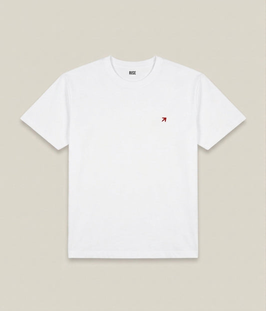 White RISE Premium T-shirt laid flat, showcasing a clean, soft cotton fabric and classic crew neckline.