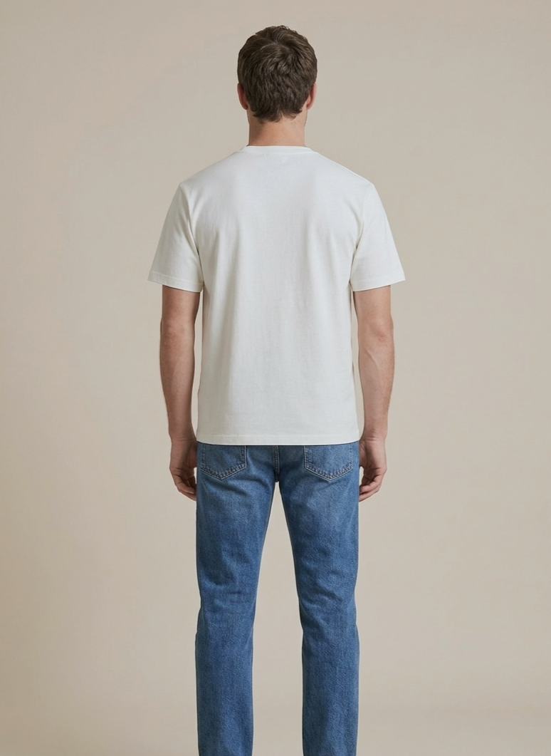 Back view of a white RISE bundle T-shirt showing the plain design and comfortable fit.